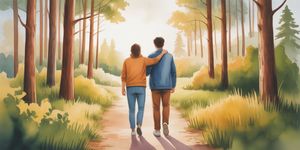 Two friends walking together on a forest path, one supporting the other in warm watercolor style