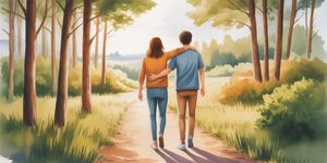 Two friends walking together on a forest path, one supporting the other in warm watercolor style