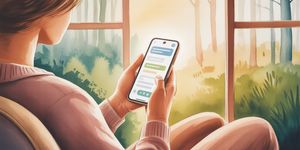 Person sitting peacefully with smartphone showing supportive AI chat interface, warm forest background