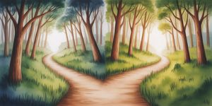 Split path in a forest, one side dark and tangled representing addiction, the other bright with morning light showing recovery