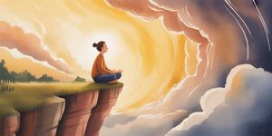 Watercolor illustration of a person finding calm amidst a storm, with peaceful nature elements