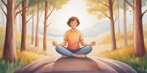 Person sitting peacefully on a forest rock during golden hour, practicing breathing exercises