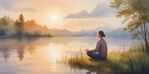 Watercolor illustration of a person sitting peacefully by a calm lake at dawn, practicing mindfulness