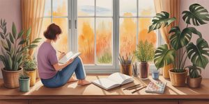Person sitting peacefully by a window with a book and journal, warm afternoon light streaming in