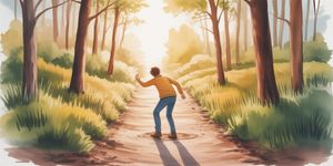 Person rising from a stumble on a forest path, dusting themselves off with determination