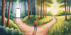 Person at crossroads between glowing phone screen and peaceful nature path