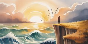 Watercolor illustration of a person standing strong on a cliff edge overlooking a stormy sea, warm sunrise breaking through dark clouds