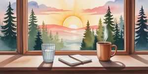 Warm watercolor illustration of a calm morning table with a coffee mug, water glass, journal, and sunrise through forest trees, symbolizing balanced caffeine habits in recovery