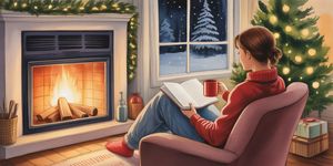 Warm watercolor illustration of a person sitting peacefully by a fireplace with a journal, Christmas tree softly glowing in background