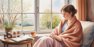 Watercolor illustration of a person sitting peacefully by a window with medicine bottles and a journal, warm sunlight streaming in