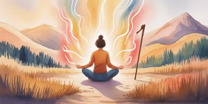 Watercolor illustration of person meditating peacefully despite visible pain, surrounded by healing light
