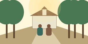 Warm watercolor of two people talking quietly on a church walkway with trees and morning light nearby