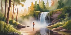 Watercolor illustration of a person standing under a cold waterfall in a forest, mist rising, morning light filtering through trees