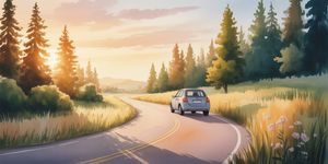 A peaceful forest road at golden hour with a car driving toward warm light, symbolizing safer commute triggers in recovery