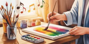 Watercolor illustration of hands creating art with paint brushes and musical notes floating in warm light
