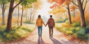Two people walking together on a sunlit path through autumn trees, symbolizing trust and companionship in recovery