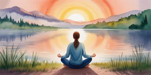 Person meditating by a peaceful lake at sunrise, finding inner calm during a moment of craving