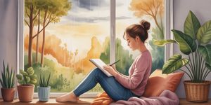 Peaceful watercolor illustration of a person sitting by a window during dawn, journal in hand, with soft light breaking through clouds