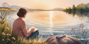 Watercolor illustration of a person sitting peacefully by a lake with their phone set aside on a rock