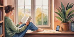 Person peacefully reading a book by a window with their phone placed far away on a table