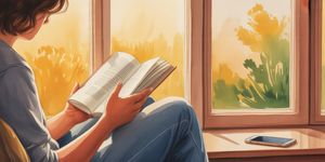 Peaceful watercolor illustration of person meditating by a lake with phone set aside