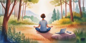Person meditating peacefully in a forest clearing with digital devices placed far away, symbolizing digital detox and mental clarity
