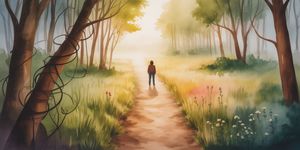 Person standing at crossroads between dark tangled path and bright path with wildflowers, watercolor illustration