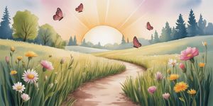 Watercolor illustration of a peaceful spring meadow with blooming flowers and a winding path leading to sunrise
