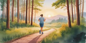 Person jogging on a forest trail at sunrise, embodying strength and renewal in recovery