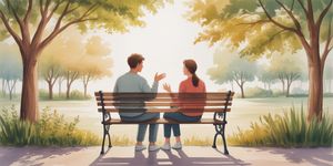 Two people sitting together on a park bench having an intimate conversation at sunset