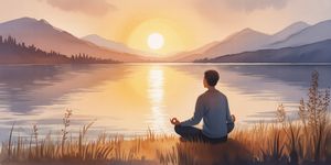 Person kneeling in prayer at sunrise with light streaming through trees