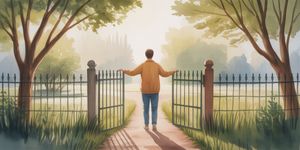 Watercolor illustration of a person standing peacefully at a garden gate, warm light filtering through trees