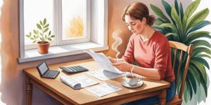 Person reviewing budget with calculator and notebook in warm morning light