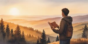 Person standing at mountain peak at sunrise, looking out at vast landscape with journal in hand
