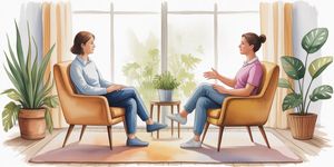 Warm watercolor illustration of two people in conversation, one listening attentively while the other speaks, soft earth tones, peaceful therapy office setting with plants and comfortable chairs