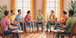 Warm watercolor illustration of people sitting in a supportive circle in a cozy room with soft golden light