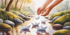 Watercolor illustration of hands releasing paper boats into a peaceful stream