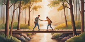 Two people reconciling on a forest bridge at sunset, one extending a hand to the other