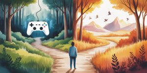 Person at crossroads between gaming controller path and outdoor nature path in warm watercolor