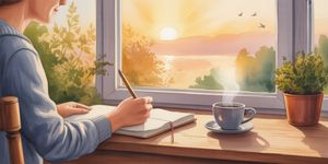 Person writing in a gratitude journal at sunrise with peaceful nature view
