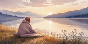 Person sitting peacefully by a misty lake at dawn, reflecting on memories while holding steady in recovery