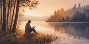 Person sitting by a peaceful lake at dawn, reflecting with journal in hand, surrounded by misty forest