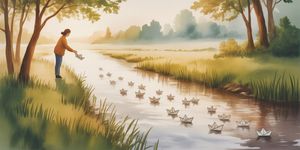 Watercolor illustration of a person releasing paper boats into a peaceful stream, symbolizing letting go of past shame