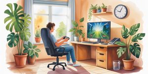 Person sitting at a gaming setup with natural light streaming through a window, plants nearby, representing balanced gaming in recovery