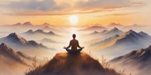 Person meditating at sunrise on a mountaintop, surrounded by misty peaks