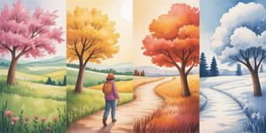 Watercolor illustration of a person walking peacefully through changing seasons