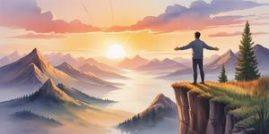 Watercolor illustration of a man standing at dawn watching the sunrise over mountains, symbolizing renewal and healing