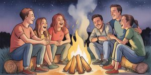 Group of friends laughing together around a campfire under starry sky, warm golden light illuminating genuine joy and connection
