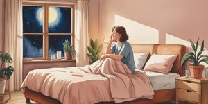 Peaceful bedroom scene at night with moonlight streaming through window, person sitting calmly on bed edge