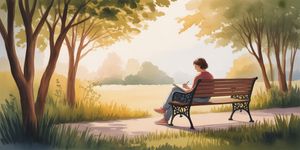 Peaceful watercolor of person sitting alone on a park bench with a journal, warm golden light filtering through trees